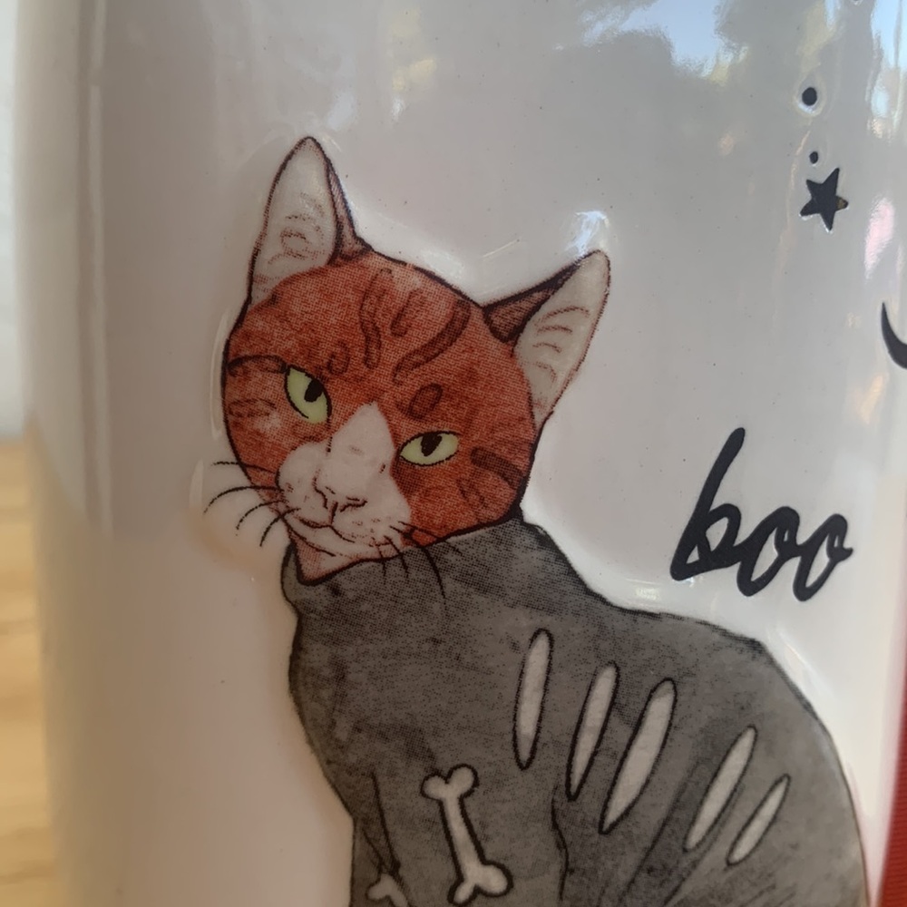 Rae Dunn Halloween Cat Mug wearing a Skeleton sweater. Boo - Picture 9 of 9